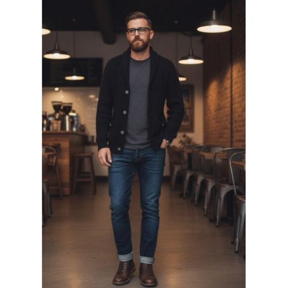 DKNY Classic Black Knit Sweater Men's Medium Button Zipper Front Pockets Ribbed - Picture 4 of 10